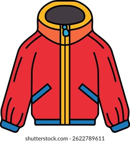 A red jacket with a yellow zipper. The jacket is a winter coat