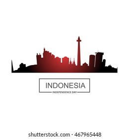 Red Jakarta tower with city scape. Indonesia Independence Day poster. Vector 17 August template Celebration Day Card illustration