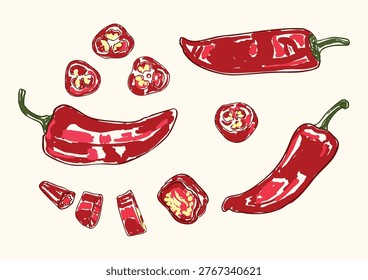 Red jalapeno set featuring sliced and whole fresh chili peppers isolated composition. Perfect for spicy food menus, Mexican cuisine design, cooking blogs, and restaurant branding visuals. high quality background