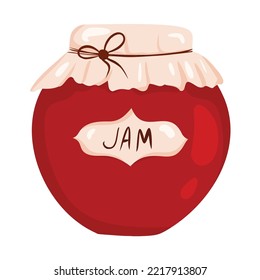 Red jam in glass jar. Vector illustration isolated on white background. Cartoon style.