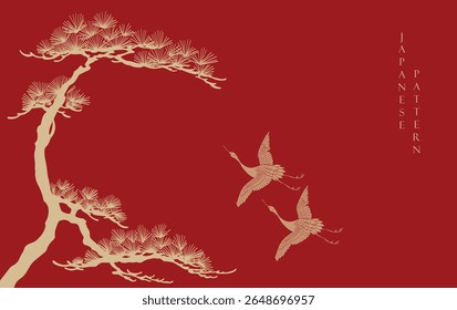 Red Japanese background with line Chinese template pattern vector. Bonsai tree and crane birds with geometric pattern. Frame and border design in retro style.