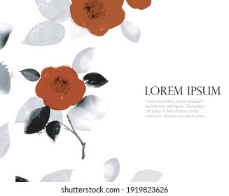 Red japanese camelia flowers on white background with place for your text. Traditional Japanese ink wash painting sumi-e in romantic style.