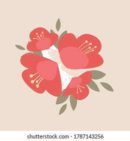 Red Japanese Camellia  hand-drawn. Cute picture, a bunch of cartoon flowers with green leaves. Vector illustration on an isolated pink background.