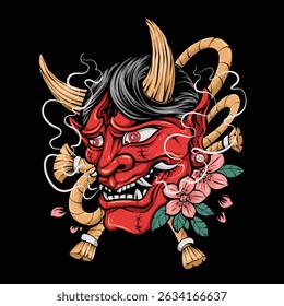 red japanese demon mask with flower