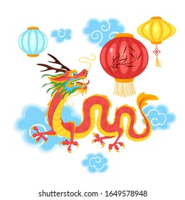 Red japanese dragon flat illustration. Oriental fantasy mythological creature and paper lanterns isolated on white. Chinese New Year symbols. East asian legendary monster vector cartoon character