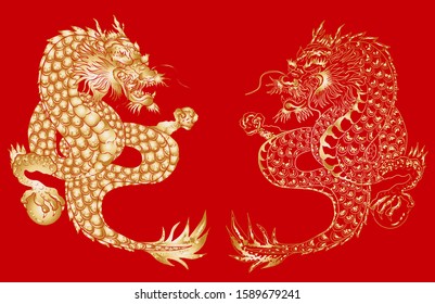 red Japanese dragon tattoo.Dragon on red background for Chinese New Year.Gold Chinese Dragon vector. Gold line art King Dragon tattoo.cartoon vector for t-shirt.Cartoon illustration style.
