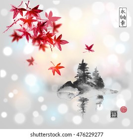 Red japanese maple and island with pine trees in fog on white glowing background. Traditional oriental ink painting sumi-e, u-sin, go-hua. Contains hieroglyphs - eternity, freedom, happiness.