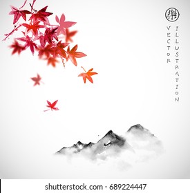 Red japanese maple leaves and far mountains in fog on white background. Traditional oriental ink painting sumi-e, u-sin, go-hua. Contains hieroglyph - joy.