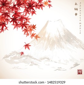 Red japanese maple leaves and Fujiyama mountain. Traditional Japanese ink wash painting sumi-e in vintage style. Autumn illustration.Hiieroglyphs - eternity, freedom, happiness, zen.