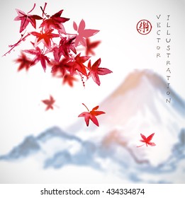 Red Japanese maple leaves and Fujiyama mountain on white background. Traditional Japanese ink painting sumi-e. Contains hieroglyph - joy