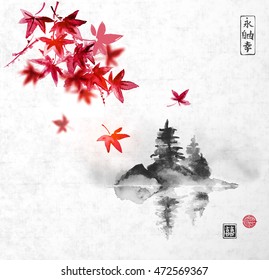 Red japanese maple leaves and island with pine trees in fog on rice paper background. Traditional oriental ink painting sumi-e, u-sin, go-hua. Contains hieroglyphs - eternity, freedom, happiness, luck