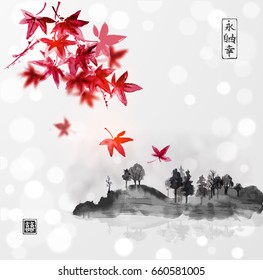 Red japanese maple leaves and island with trees in mist on white glowing background. Traditional ink painting sumi-e, u-sin, go-hua.Contains hieroglyphs - eternity, freedom, happiness, double luck