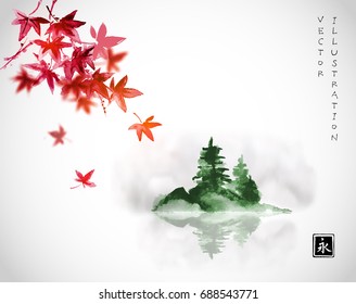 Red japanese maple leaves and island with green pine trees in fog. Traditional oriental ink painting sumi-e, u-sin, go-hua. Contains hieroglyph - eternity