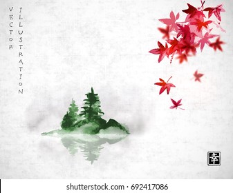 Red japanese maple leaves and island with green pine trees in fog. Traditional oriental ink painting sumi-e, u-sin, go-hua. Contains hieroglyph - happiness.