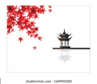 Red japanese maple leaves and pagoda temlple over the water surface. Traditional Japanese ink wash painting sumi-e. Hieroglyph - clarity