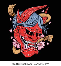 red japanese oni mask with sakura