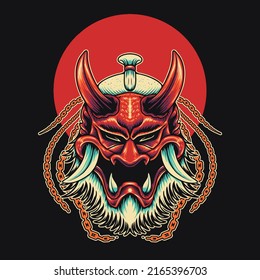 Red Japanese Oni Mask Vector Illustration