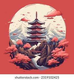 Red Japanese Pagoda in flat vector