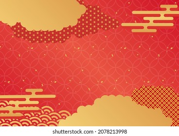 Red Japanese Pattern Background with Clouds and Haze