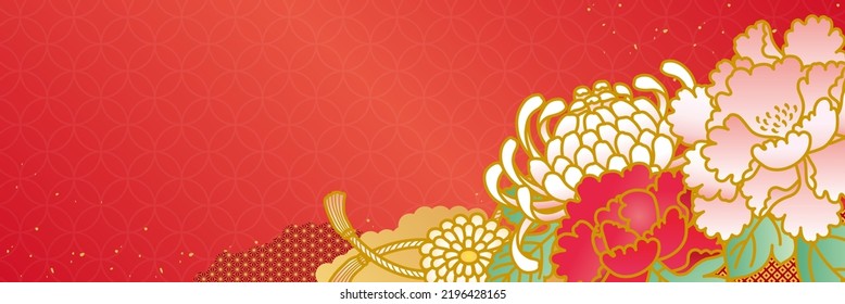 Red Japanese Pattern Background with Peony and Chrysanthemum