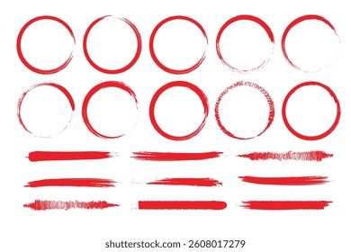 Red japanese round brushstrokes. Vector Asian enso circles. Straight distress long lines set. Chinese black zen calligraphy elements. 