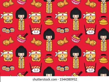 Red japanese seamless pattern with kokeshi dolls, sushi, ramen, shiba dog and taiyaki fish. Cartoon vector illustration.