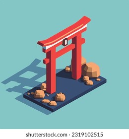 Red Japanese Torii Gate, flat vector, isometric