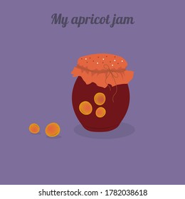 Red jar of apricot jam. Decorated with a decorative element with a bow. Vector illustration on a colored background. For advertising and infographics. Use for presentation, banner, poster, packaging