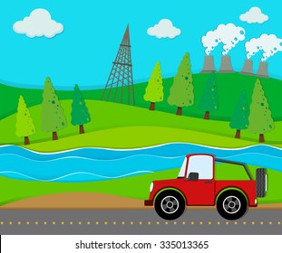 Red jeep riding on the road illustration