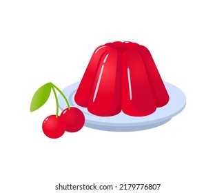 Postre dulce de gelatina roja en el plato con ilustración vectorial de la caricatura de cereza