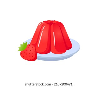 Red jelly sweet dessert on plate with strawberry berry cartoon vector illustration