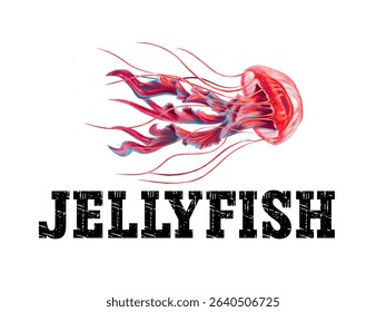 Red jellyfish on white background and black text. Vector illustration of sea animals.