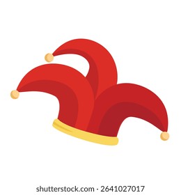 Red jester fool hat icon. Circus jester fool hat isolated on white background. Humor and tomfoolery for comedy performance. Vector illustration