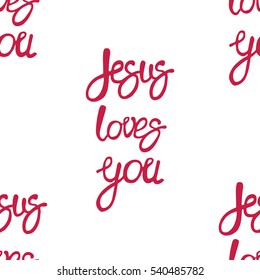 Red "Jesus loves you" lettering seamless pattern. Vector illustration. White background.
