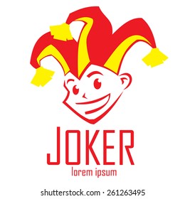 Red joker with a sly look and a smile. Vector hand drawn illustration - clown in hat with bells.