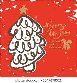 Red jolly style Christmas card design, cute style, hand drawn style, Christmas tree illustration, hand lettering.