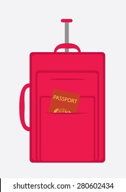 Red journey suitcase with passport. Vector Illustration