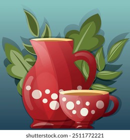 A red jug with white circles and a cup of hot tea. Green leaves on the background.