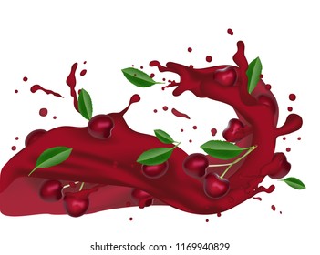 Red Juice cherry splashing. Juicy cherries  splash packaging template. Falling fruits. Vector illustration. 