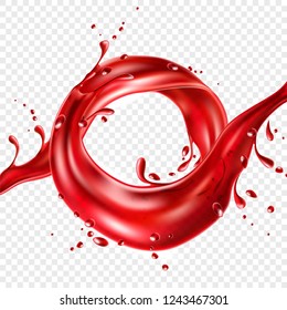 Red juice realistic splash. Strawberry or cherry juice motion flow on transparent background. Healthy drink full of vitamins for product packaging design. Paint explosion, vector illustration