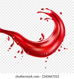 Red juice realistic splash. Strawberry or cherry juice motion flow on transparent background. Healthy drink full of vitamins for product packaging design. Paint explosion, vector illustration