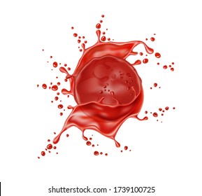 Red juice realistic splash. Tomato or cherry juice motion flow on isolated background. Healthy drink full of vitamins for product packaging design. Paint explosion, vector illustration