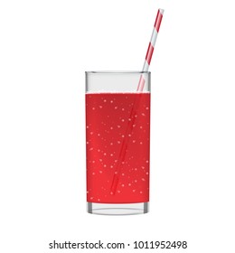 Red juice with smoothie glass and sparkling bubbles. Fruit organic drink. Transparent photo realistic illustration.