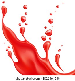 Red juice splash realistic vector. 3d tomato watermelon strawberry fruit liquid, summer tropical vacation drink symbol Fresh vitamin sweet liquid flowing in motion, isolated spray paint illustration