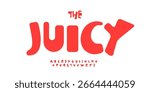 Red juicy alphabet, bold rounded letters, playful candy font for kids logo, fun headline, sweet treat typographic design, yum typography, cheerful carnival typeface. Vector typeset.