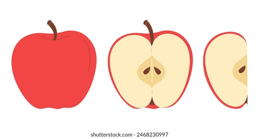 Red juicy apple hand drawn set. Whole, half, slice of fresh red apple fruit. Collection of whole apples and sliced apples. Trendy flat style isolated on white. Vector illustration