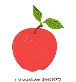 Red juicy ripe apple with green leaf. Hand drawn Red apple trendy flat style isolated on white. Apple harvest. Healthy vegetarian snack, cut apple for design, infographic. Vector illustration