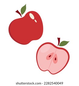 Red juicy ripe apple, whole and in section.