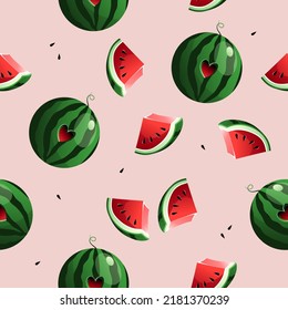 Red Juicy Round Watermelon with a Heart and a Watermelon Slice. Seamless Vector Pattern.