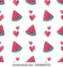 Red juicy summer fruit. Watermelon slices seamless pattern. Vector illustration for wallpaper, wrapping paper, textile, background.